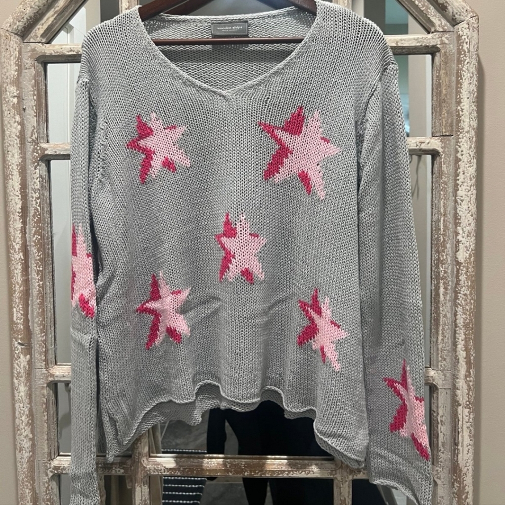Wooden Ships Pink & Gray Star V Neck Crochet Slouchy Long Sleeve Sweater - M/L